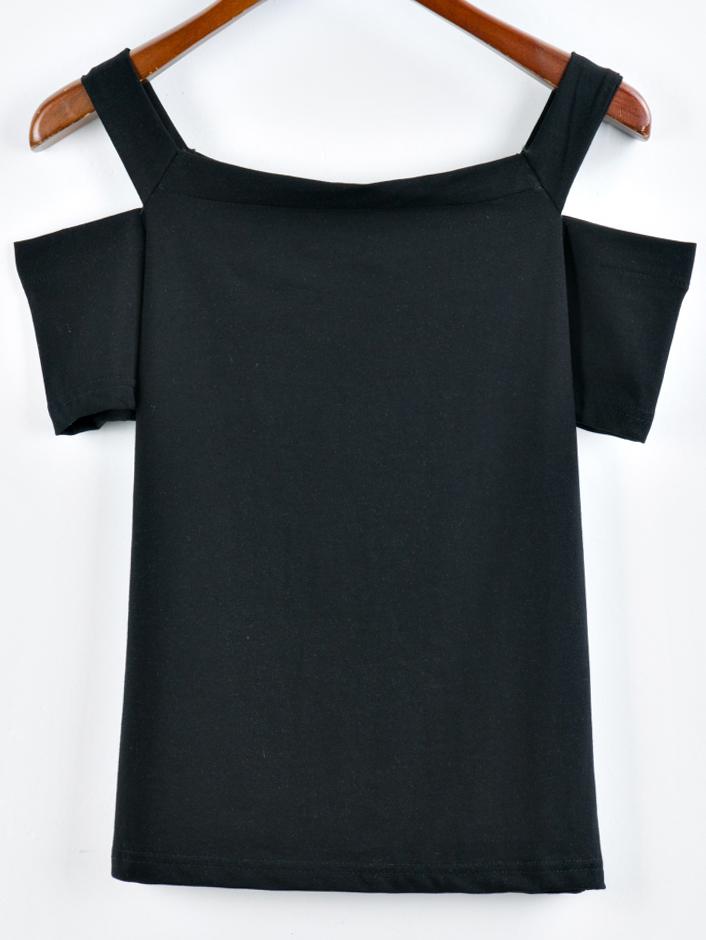 Romwe Cold Shoulder Plain T-shirt - Black