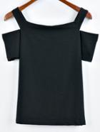 Romwe Cold Shoulder Plain T-shirt - Black