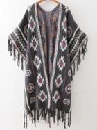 Romwe Grey Tribal Pattern Fringe Trim Poncho Sweater