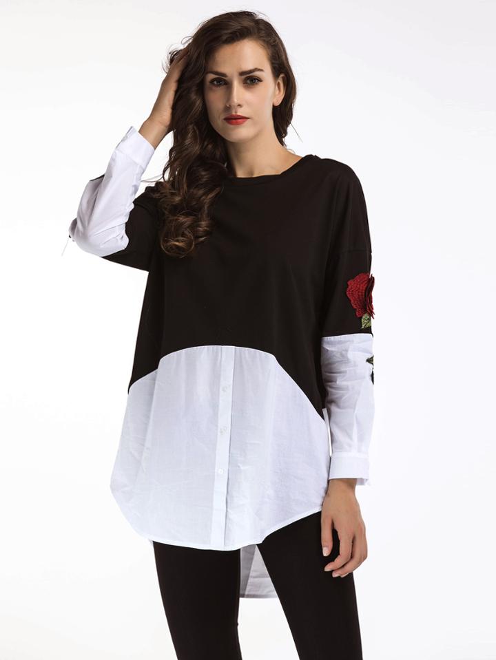 Romwe Contrast Panel 3d Rose Embroidered Sleeve Top