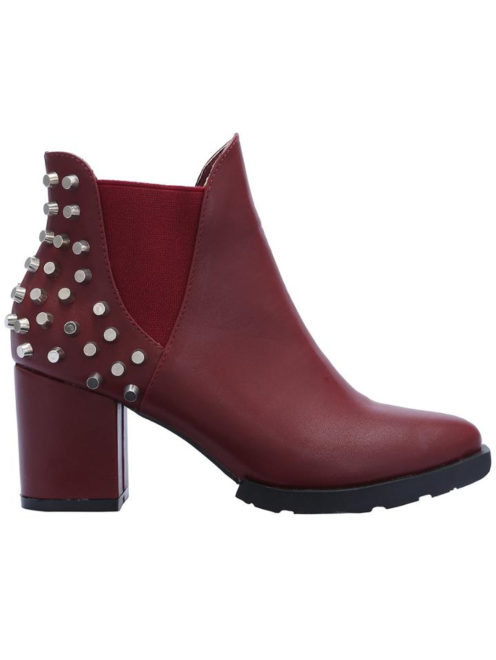 Romwe Burgundy Studded Elastic High Heeled Boots