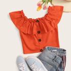 Romwe Off The Shoulder Button Front Ruffle Trim Blouse