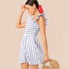 Romwe Ruffle Armhole Shirred Bodice Striped Dress