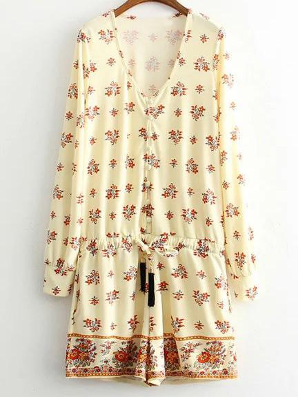 Romwe Multicolor Buttons Front Tie-waist Tassels Print Romper