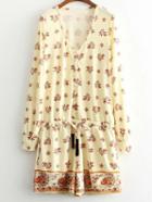 Romwe Multicolor Buttons Front Tie-waist Tassels Print Romper