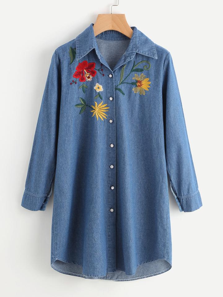 Romwe Floral Embroidery Denim Shirt Dress