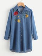 Romwe Floral Embroidery Denim Shirt Dress