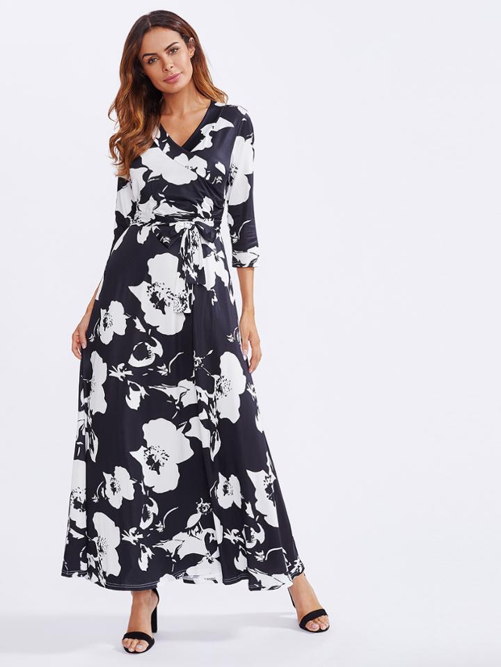 Romwe Flower Print Tie Waist Longline Dress