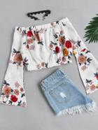 Romwe Bardot Fluted Sleeve Floral Print Random Crop Top