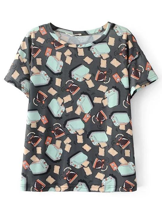 Romwe Grey Pattern Print Short Sleeve T-shirt