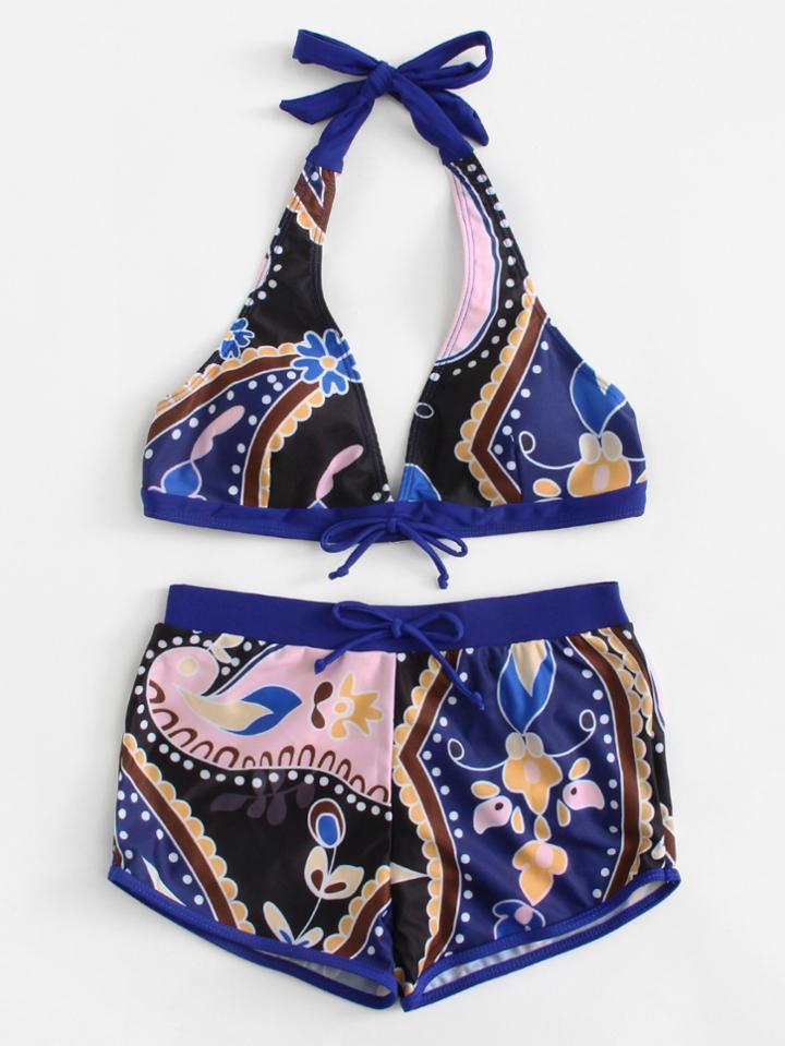 Romwe Mixed Print Halter Two Piece Swimwear