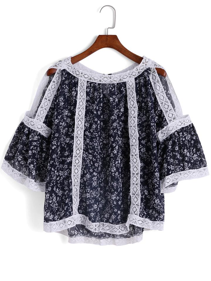 Romwe Open Shoulder Lace-paneled Floral Print Top