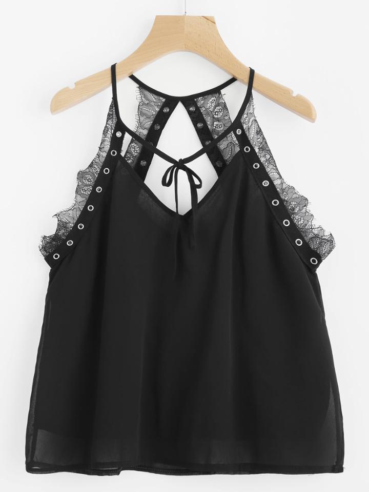Romwe Eyelet Embellished Lace Insert Swing Cami Top