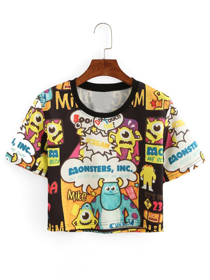 Romwe Cartoon Print Crop T-shirt - Black
