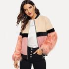 Romwe Faux Fur Detail Color Block Jacket
