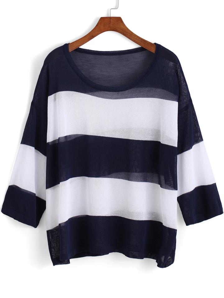 Romwe Navy Round Neck Striped Loose Knit Sweater