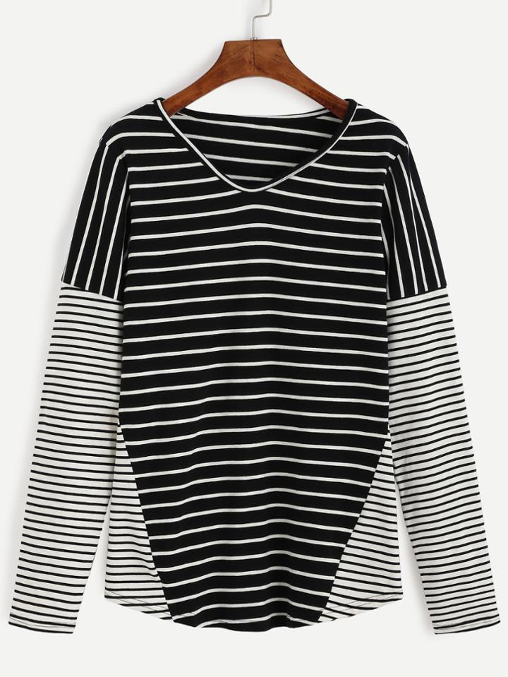 Romwe Black Striped Contrast Sleeve T-shirt