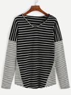 Romwe Black Striped Contrast Sleeve T-shirt