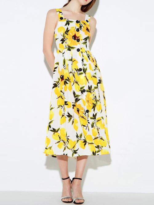 Romwe Straps Lemon Print A-line Dress