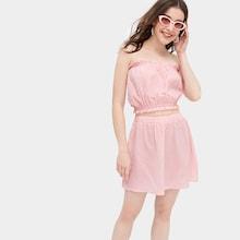 Romwe Ruffle Trim Bandeau Top With Elastic Waist Skirt