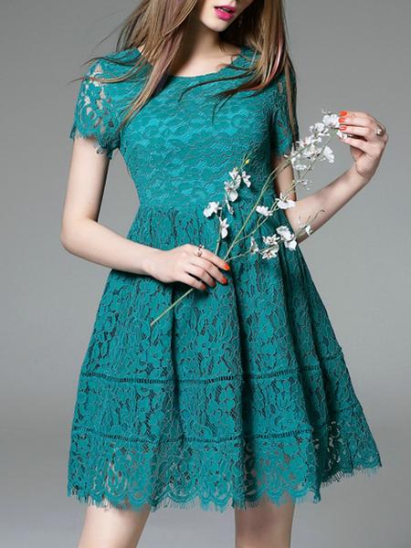 Romwe Green Crew Neck A-line Lace Dress