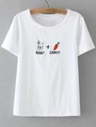 Romwe White Letters Rabbit Carrot Embroidery Short Sleeve T-shirt