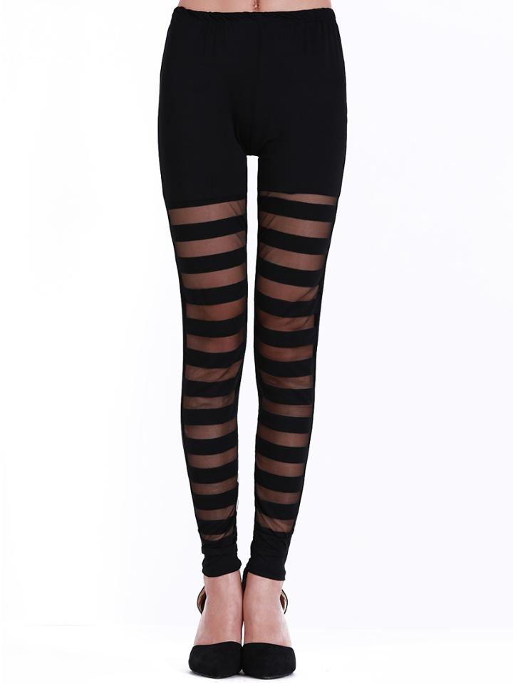 Romwe Black Skinny Sheer Mesh Striped Leggings