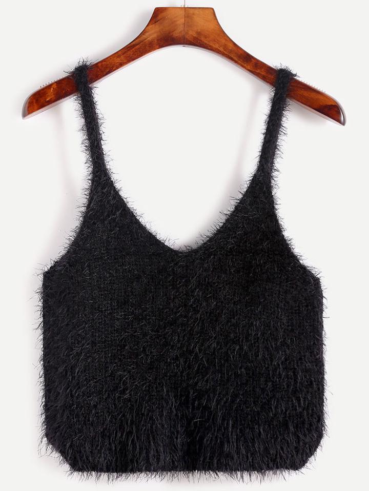 Romwe Black Fuzzy Crop Sweater