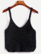 Romwe Black Fuzzy Crop Sweater