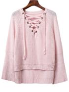 Romwe Pink V Neck Lace Up Raglan Sleeve Sweater