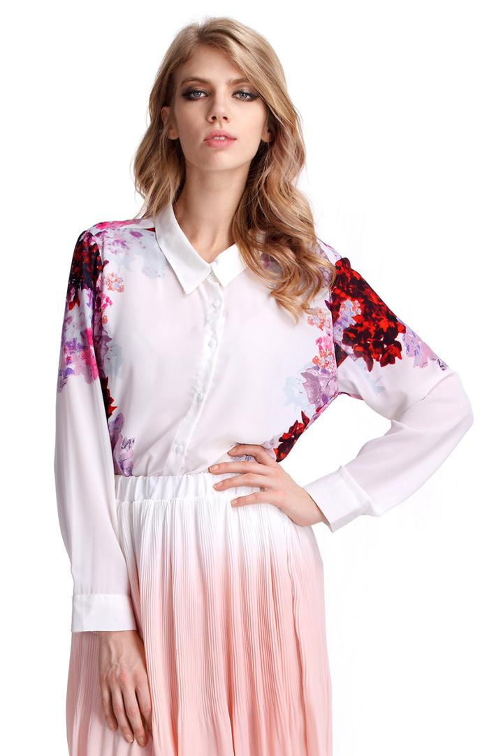 Romwe Asymmetric Floral White Shirt