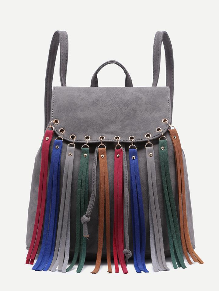 Romwe Grey Faux Leather Multicolor Fringe Flap Backpack
