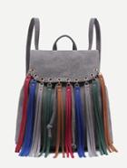 Romwe Grey Faux Leather Multicolor Fringe Flap Backpack