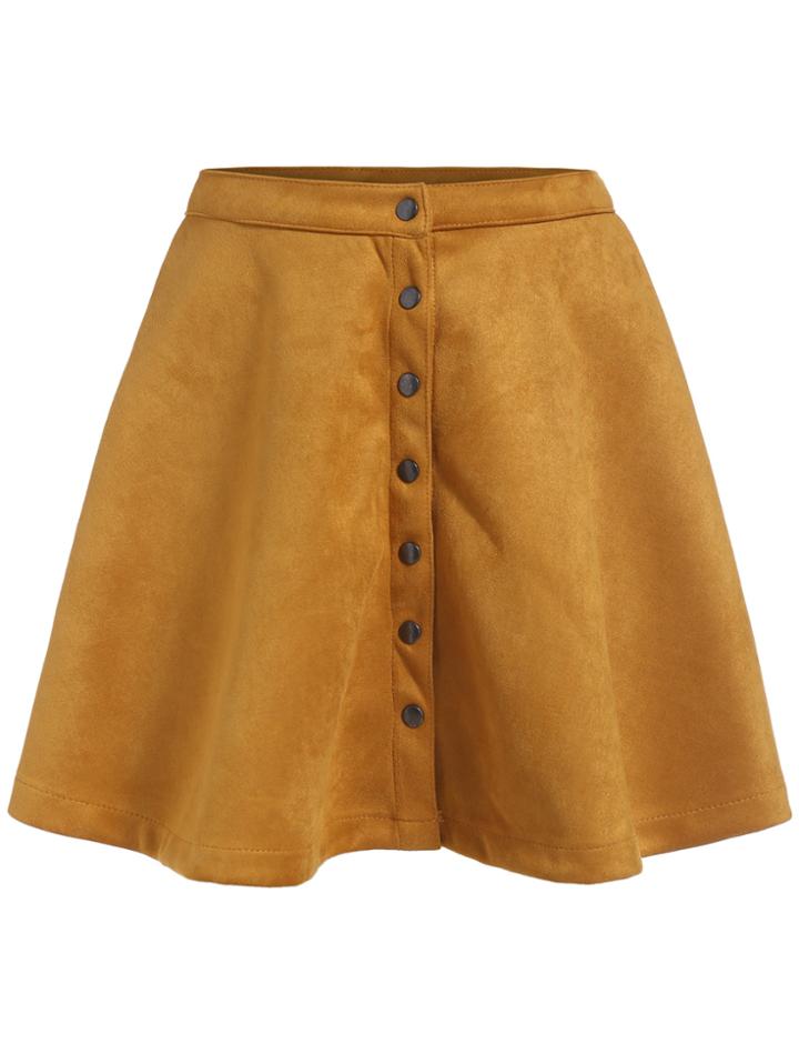 Romwe Single-breasted Flare Yellow Skirt