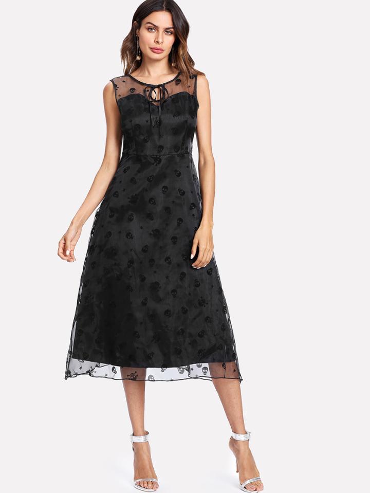 Romwe Skull Organza Overlay Tie Front Dress