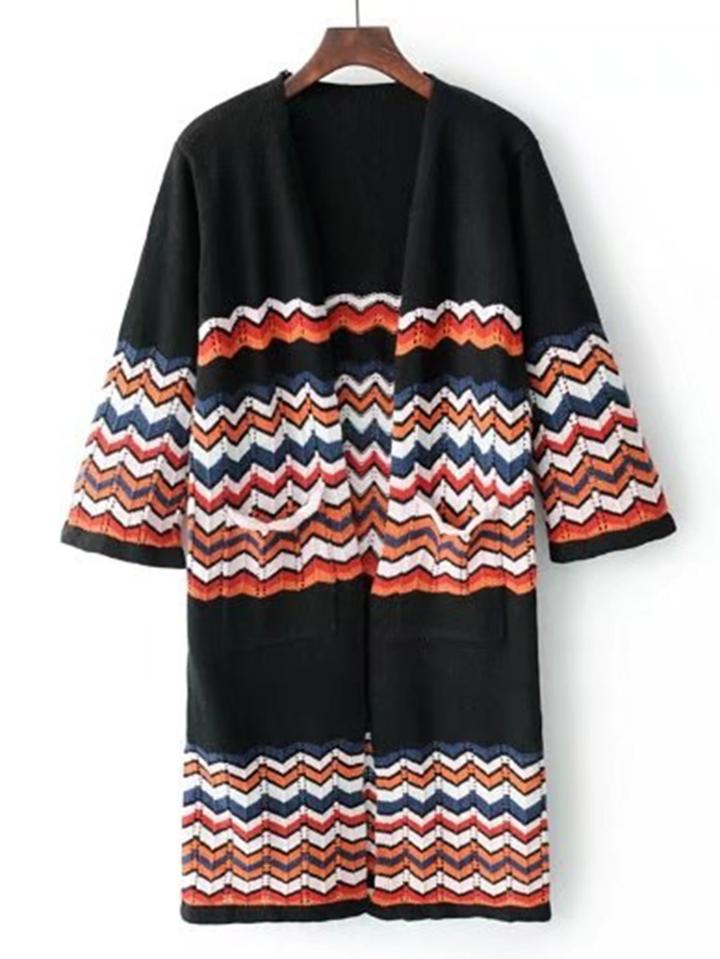 Romwe Zigzag Pattern Open Front Longline Cardigan