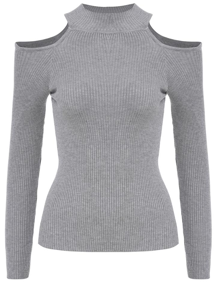 Romwe Mock Neck Open Shoulder Grey Sweater