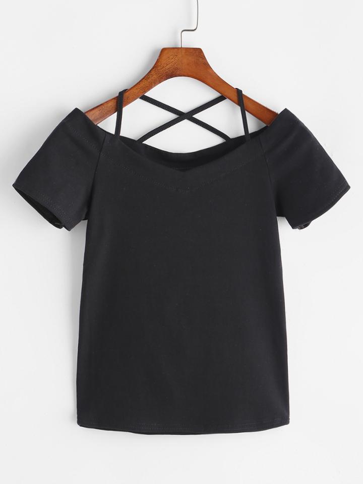 Romwe Black Cross Back V Neck T-shirt
