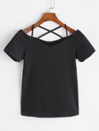 Romwe Black Cross Back V Neck T-shirt