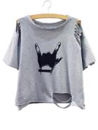 Romwe Grey Gesture Print Distressed T-shirt