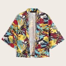 Romwe Guys Colorful Leaf Print Open Front Shirt