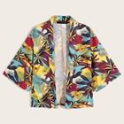 Romwe Guys Colorful Leaf Print Open Front Shirt