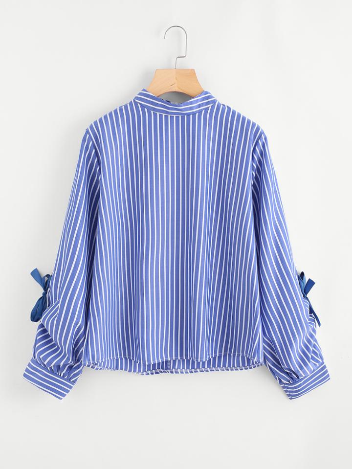 Romwe Knot Sleeve Zip Up Back Striped Blouse