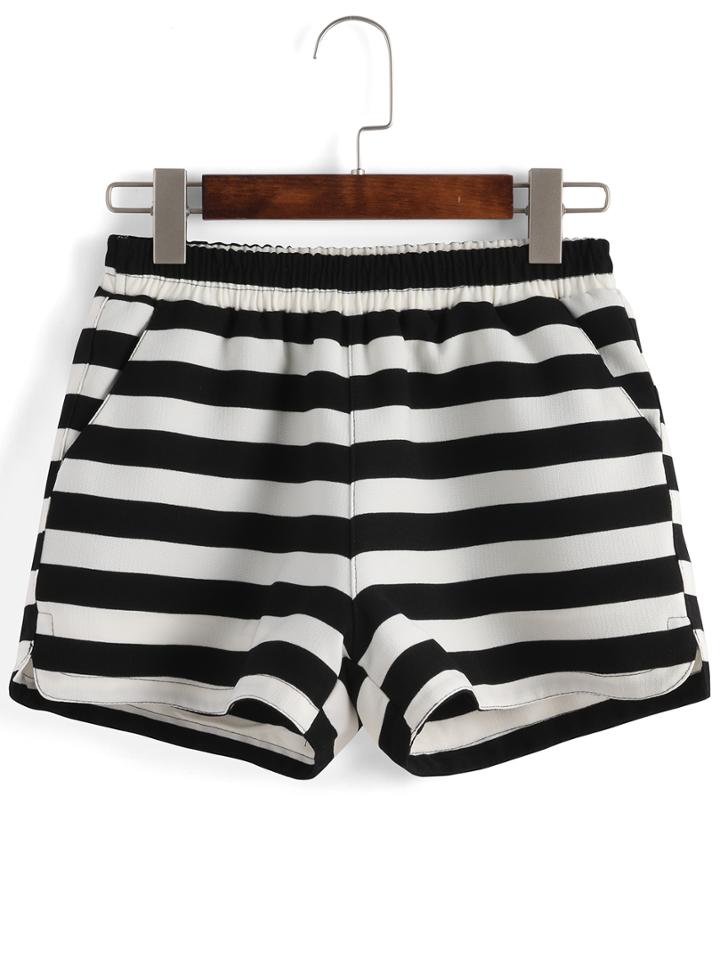 Romwe Elastic Waist Striped Shorts