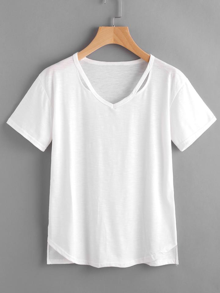 Romwe Cut Out Neck Raw Hem Slub Tee