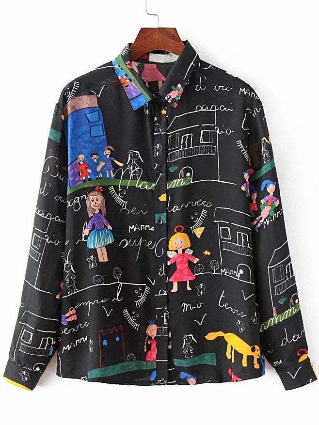 Romwe Black Cartoon Print Buttons Front Blouse