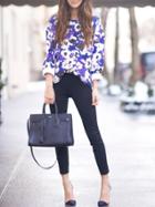 Romwe Blue Crew Neck Floral Sweatshirt