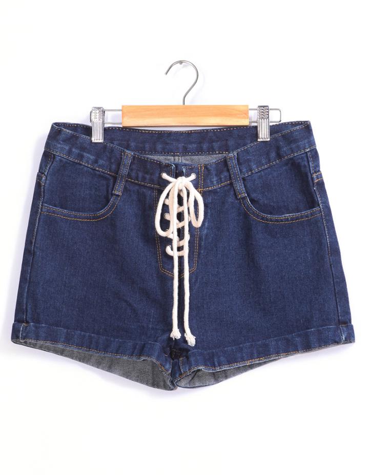 Romwe Cuffed Lace Up Denim Shorts