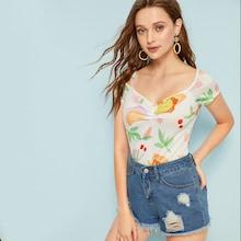Romwe Fruit Print Ruched Sweetheart Tee