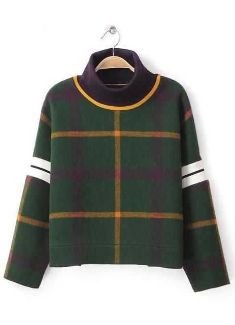 Romwe High Neck Check Print Crop Sweatshirt